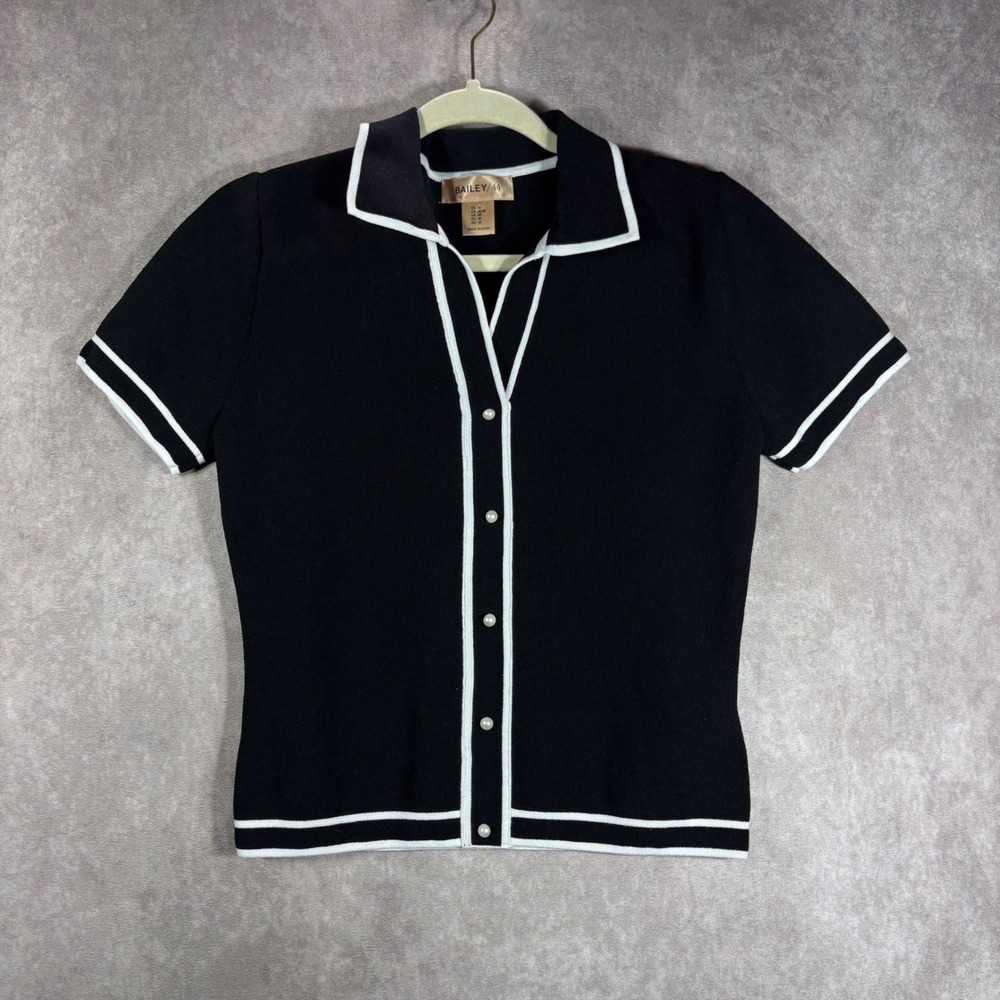Bailey 44 Cardigan Womens Medium Black Pearl Button Short Sleeve Knit Preppy